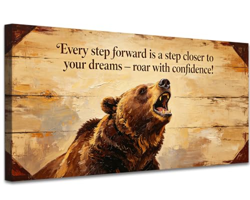 CXVU Large Roaring Bear Wall Art, Forest Wildlife Canvas Wall Decor with Confidence Quote, Rustic Cabin Animal Picture 20x40