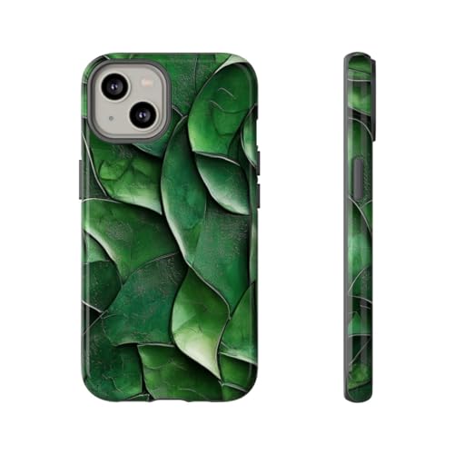 Coque feuille sculptée verte iPhone 14 rigide pour un style urbain et chic