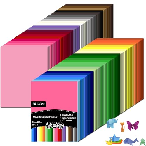 200 Sheets Colored Cardstock 8.5” x 11”, 40 Assorted Colors,180g/65lb Card Stock Printer Paper for Printing, Card Making,Scrapbook, DIY Craft