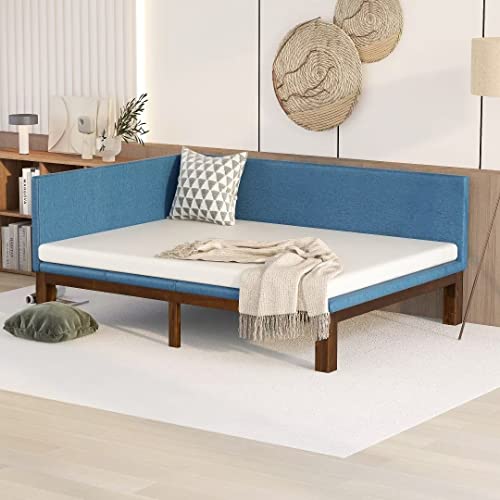 Ayvbir Upholstered Daybed, Sofe Bed Full Frame With Linen Fabric Classic Mid-Century Modern Design Simple Bed Sofa For Bedroom Living Room,Blue #TOP2