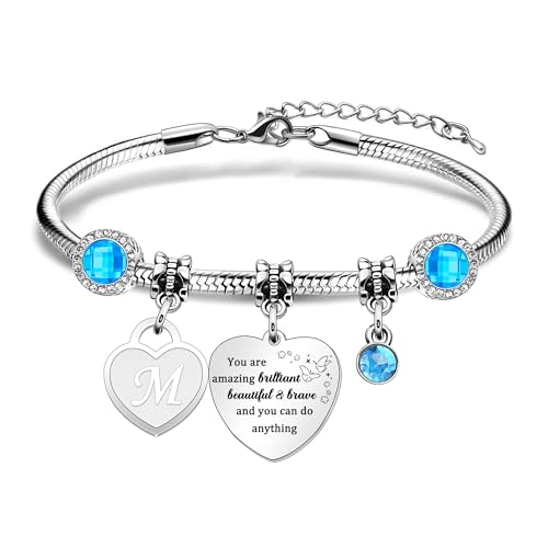 Tibond Inspirational Bracelets Initial Letter Bracelet You are Amazing Brilliant Beautiful & Brave for Girls Women, Charm Blue Birthstone Bracelet Gifts for Birthday Christmas Graduation Gifts (M)