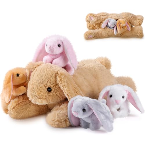 Sratte 5 Pcs Easter Bunny Stuffed Animal Set Large Mommy Bunny Plush with 4 Cute Stuffed Baby Rabbit in Her Belly Soft Cuddly Rabbit Plush Gift for Birthday Baby Shower Party Favor(Brown,Lying Style)