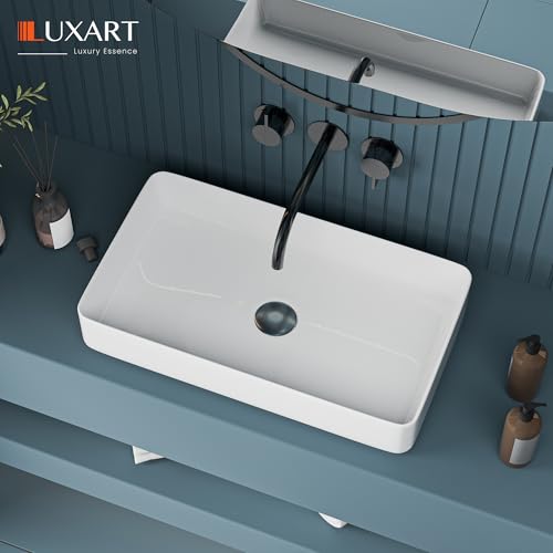 Image of LUXART Tabletop Wash Basin For Bathroom - 24x14x5 Inc Ceramic Glossy White Countertop Washbasin | Vessel Sink For Hotel, Dining Hall, Vanity | Over counter Top Washroom Sink