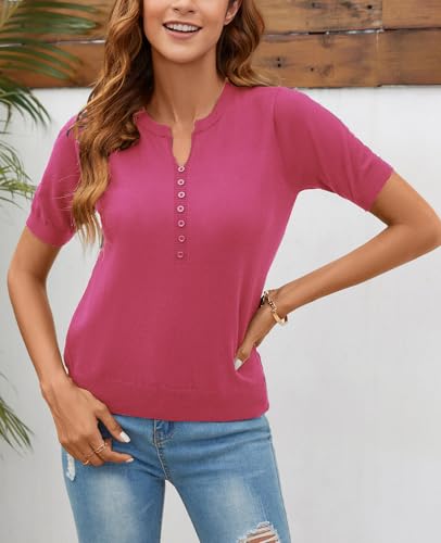 Image of Women Summer Knit Shirt Blouse V Neck Short Sleeve Pullover Sweater Tops