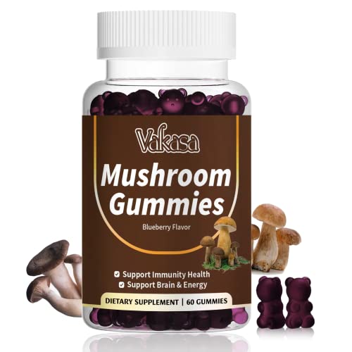 Vakasa Mushroom Gummies 10 Blend, 2500mg Mushroom Complex, Mushroom Supplement for Adult Men & Women, Support for Immune, Brain, Energy, Vegan, 60 Gummies
