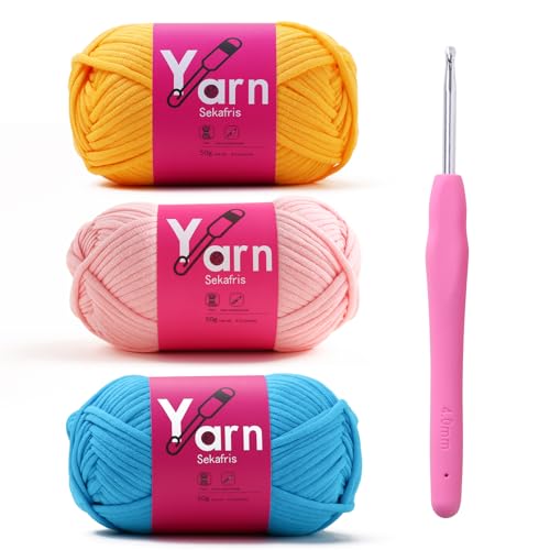 Image of Crochet Yarn 150g /163.5yds Cotton - Chunky Yarn for Crocheting - Easy-to-See Stitches - Golden Yellow+Hot Pink+Lake Blue