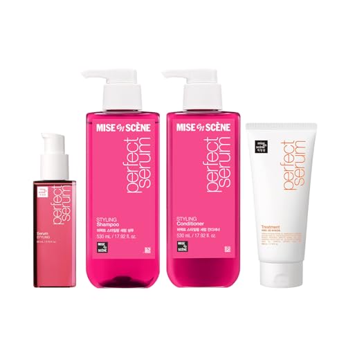 Mise En Scene Perfect Serum Styling Full Care Set - Serum&Shampoo&Conditioner&Treatment - Heat Damage Protection Oil for All Hair Types, with Peony and Rose Scent, Styling Memory