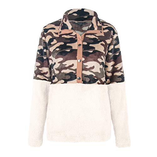 Womens Jumpers Winter Warm Printed Turn Down Collar Long Sleeves Pullover Tops Beige