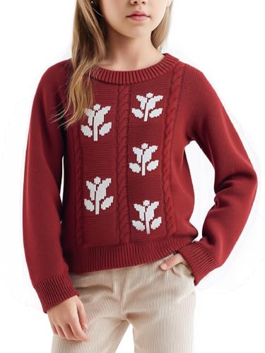 Girls Fall Sweaters Pattern Casual Crewneck Long Sleeve Knit Pullover Jumper Tops