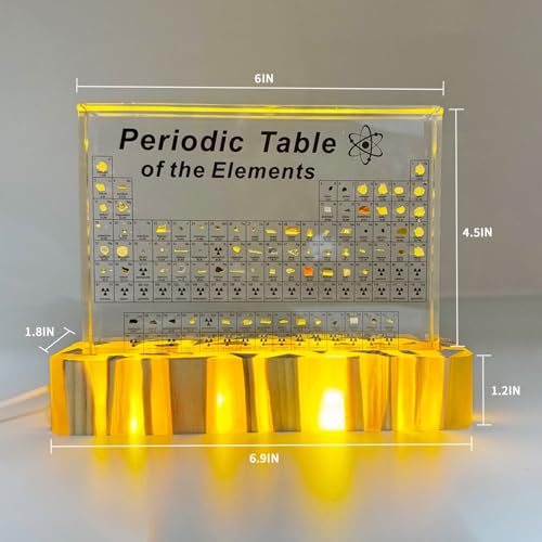 Image of Periodic Table with Real Elements Inside,Acrylic Periodic Table Display with 83 Real Elements Samples with Wooden Stand,Craft,Teaching Tool,Gift for Kid,Students,Teacher,Science Lovers Amber Base