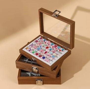 Image of KRISHYAM Wooden Jewelry Case with Glass Lid 7 Compartments Velvet Ring Box for Rings, Earrings