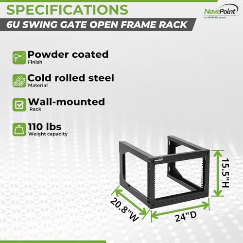 Image of NavePoint 6U Server Rack with Swing Gate - Wall Mount Rack for 19 Inch IT & AV Equipment - 24' Deep, Black