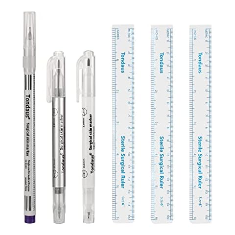 JimKing Surgical Skin Marker Pen, Professional Sterile Stencil Marker Pen with Paper Ruler for Microblading, Waterproof Disposable Marker for Skin, Eyebrow, 0.5mm+0.1mm Head Cover