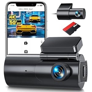 GKU Dash Cam Front and Rear Camera – 4K+1080P Dual Dash Camera for Cars with 64GB SD Card, 5GHz WiFi & App Control, Night Vision, Parking Mode, G-Sensor, Loop Recording, WDR, 170° Wide Angle