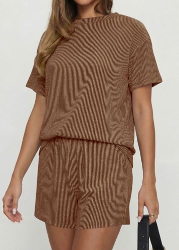 KIRUNDO Two Piece Sets for Women Dressy Casual Ribbed Knit Short Sleeve Top Matching Shorts Lounge Set 2026 Summer Outfits(Brown, XX-Large) — view 6