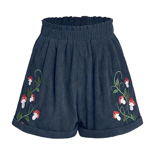 Short en velours côtelé brodé femme, la taille élastique pour un été libre