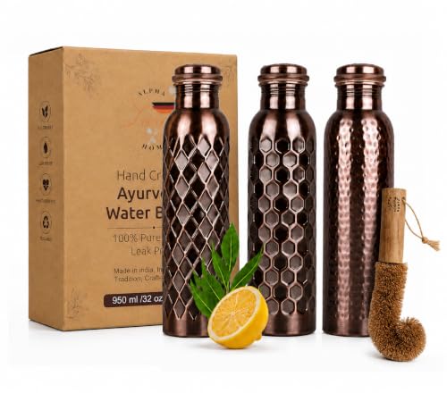 Image of Copper Water Bottles , Set of 3 with Hammered, Diamond & Honeycomb | 100% Pure Copper, Hammered /Diamond /Honeycomb Textures, Antique Finish, Leak-Proof Screw-Top, Wide Mouth, Handcrafted