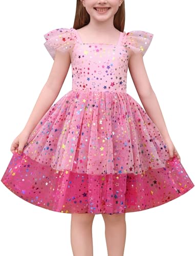 IMEKIS Toddler Kids Girls Sparkly Stars Dress Ruffle Sleeve Tulle Tutu Formal Birthday Party Dresses 1-6T