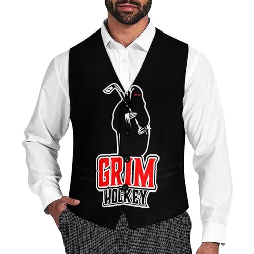 Grim Hockey Logo Mascot Men's Suit Vest Slim Fit V-Ncek Waistcoat Business Casual Vest