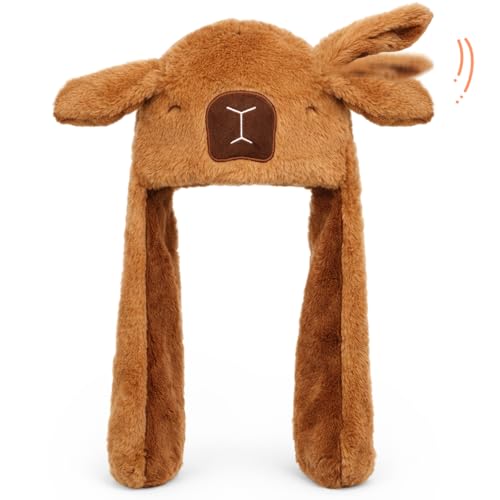 Deletoys Moving Ear Hat Soft Funny Animal Capybara Hats Jumping Beating Plush Caps Holiday Cosplay Dress Up Gift for Kids & Adult