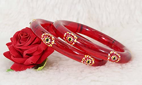Image of NMII Traditional Glass With Diamond Cutting Pattern Glossy Finished Stylish Kada Set For Women And Girls | Crystal Glass Kada Bangles Set For Wedding, Festive