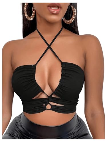SOLY HUX Women's Cut Out Halter Tops Criss Cross Backless Ruched Party Club Crop Tops