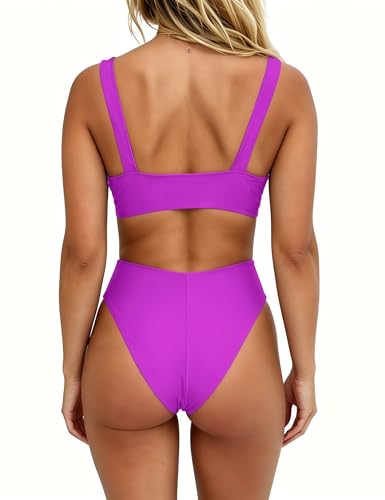 Image of geluboao Bikini Set for Women Solid V Neck Knot Front Push Up High Leg Thong Two Piece Swimsuit