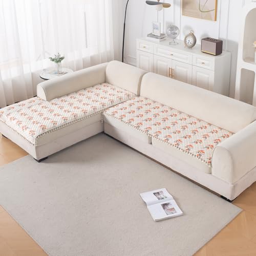 Image of HOKIPO Autumn Blossom L Shape (3+2 Seater) Sofa Seat Mat with Tassel| Quilted Sofa Cover Mat, 'Tassel Twigs' Series (IN-984-T5 + IN-986-T5)