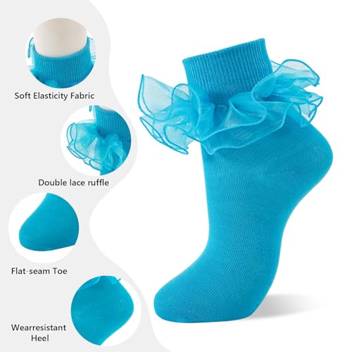 Image of Women Big Ruffle Ankle Socks Adult Double Lace Frilly Turn Cuff Dress Socks Cotton Cute Fancy Bobby Crew Socks