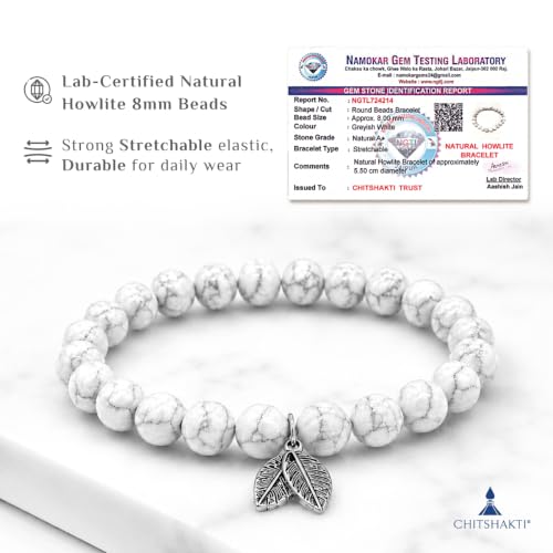 Image of Chitshakti Natural Howlite Bracelet with Charm | 8mm Semi-Precious White Stone Beads | Handmade Stretchable Unisex Crystal Jewelry |