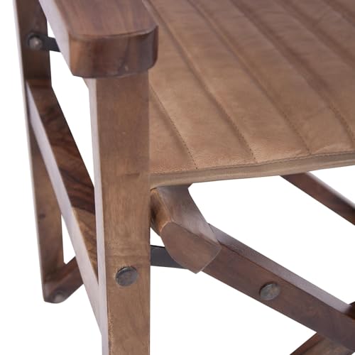 Image of Howard Elliott Collection Premium Wooden Wide Leather Director's Chair with Brown Frame, Foldable & Collapsible Upholstered Wooden Leather Chair Canvas for Directing, 22 x 22 x 34 Inches, Brown