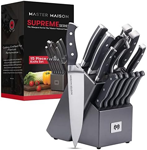Master Maison 15-Piece Premium Kitchen Knife Set With Block German Stainless Steel Knives With Knife Sharpener & 6 Steak Knives (Gray)