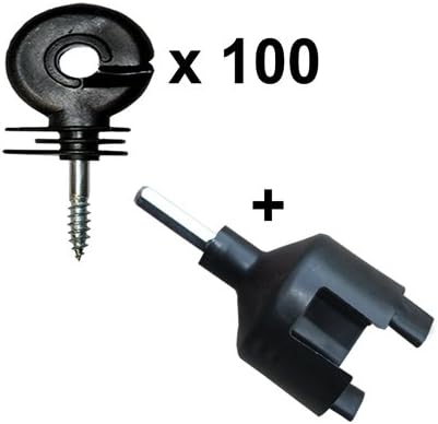 100 x RING Electric Fence Fencer Energiser Screw In Insulators + Chuck Tool