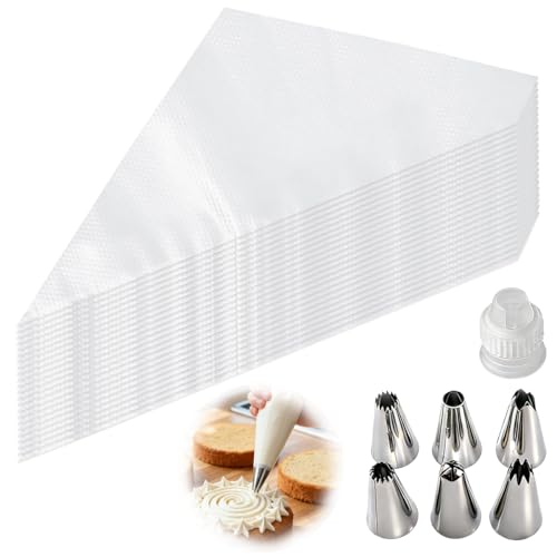 Wcawnlt 100 Piezas Mangas Pasteleras, Bolsas De Pastelería Mangas Con 6 Boquillas Y 1 Convertidor, Mangas De Repostería Desechables, Profesionales Para Decoración Pasteles, Set Para Tartas Y Cupcakes