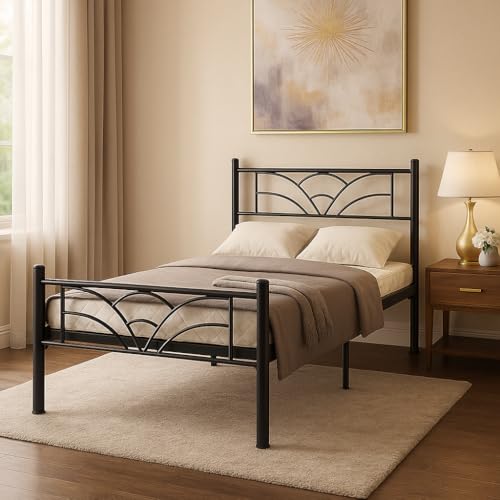 Image of Zyra Metal Extra Single Size Bed Without Storage | Wrought Iron Cot with Headboard & Footboard| Sturdy Powder Coated Platform Bed Extra Single Size Cot for Bedroom (Zyra Black)