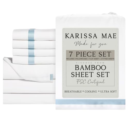Image of KARISSA MAE 7 Piece Luxury Bamboo Viscose Split King Sheets, FSC Certified | Includes 2 Twin XL Fitted Sheets | For Adjustable Beds | Cooling | 18 inch Deep Pocket | 4 Pillowcases [Signature Frame]