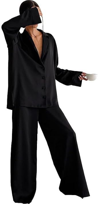 codcm Womens Satin Pajamas Set Oversized Button Down Shirt and Wide Leg Pants Set Long Sleeve Sleepwear