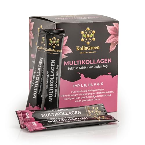 KollaGreen® Multikollagen Pulver – 5-fach Kollagen Typ I, II, III, V & X – Hochdosiert (250 g / 25 Portionen) – Für Haut, Haare, Nägel, Gelenke & Darm – Ohne Zusätze – Made in EU