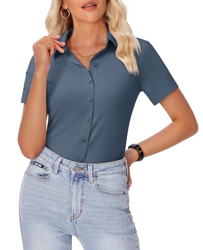 Image of siliteelon Womens Button Down Shirt Slim Fit Stretch Short Sleeve Dress Shirt Wrinkle Free Collared Business Work Blouse Top