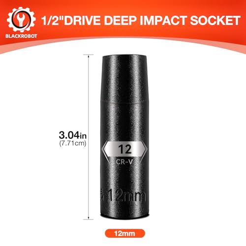 Image of BLACKROBOT 1 /2 Inch Drive 6-Point Deep Socket, 12mm Deep Impact Socket, CR-V Steel
