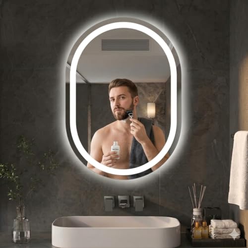 Image of 24 x 18 Inch Capsule LED Bathroom Mirror with Front-Lit Vanity Lights | Memory Function | Touch Sensor | 3 Color Dimmable Adjustable Brightness | Premium LED Lighted Mirror for Wall
