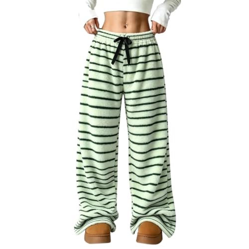GOSEAGOTOFUN Striped Pants Women Fleece Striped Pajama Bottoms Plush Fuzzy Warm Lounge Trousers High Waist Loose Casual Pants Green Small - image 2