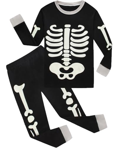 Little bety Boys Halloween Pjs Kids Skeleton Glow In The Dark Long Sleeve Pajamas Toddler Boys Cotton Sleepwear Sets Size 5 Black