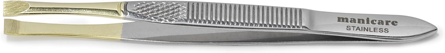 ManicareFlat Tweezer, Surgical Grade Stainless Steel, Gold Plated Highlights Dark Hair, Precision Plucking, Eyebrow Tweezing, Removes Unwanted Hair, Facial Hair, Professional Beauty Accessory Tool