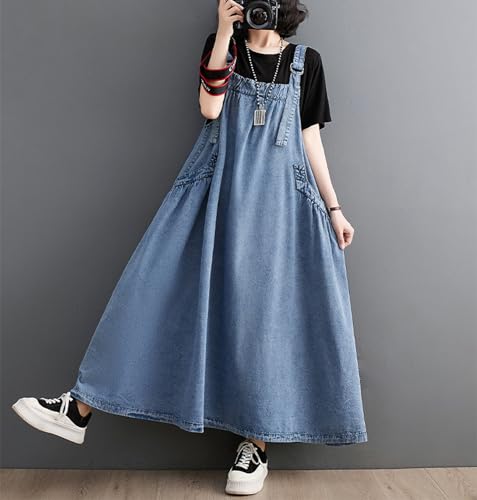 Image of Women's Casual Loose Denim Dress Sleeveless Adjustable Straps Denim Jumper Dress with Pockets