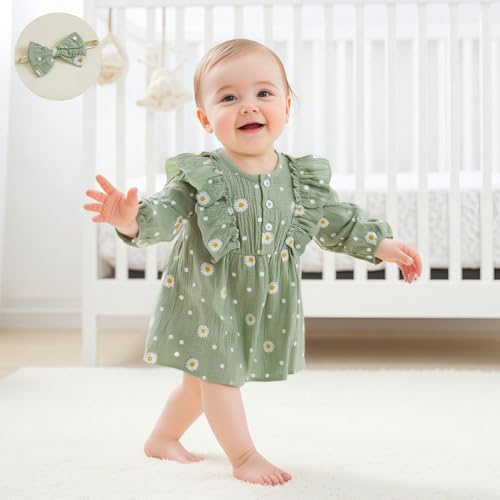 Toddler Baby Girls Fall Outifts Long Ruffle Sleeve Floral Daisy Print Smocked Dress and Headband 2 Pcs Set Cute2