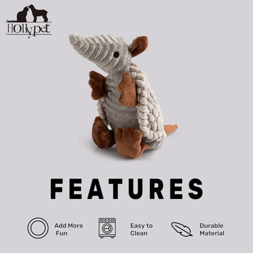 Image of Hollypet Plush Dog Squeaky Toy Stuffed Armadillo Animal Pet Puppy Chew Toys with Clean Teeth for Small Medium Large All Breed Sizes Dogs, Light Gray, 8 in