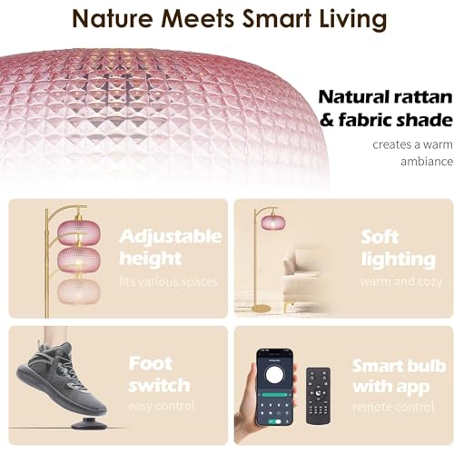 Image of Glass Floor Lamp for Living Room,Modern Standing Lamp with Pink Lamp Shade | Dimmable Gold Tall Floor Lamp for Bedroom Office with Remote Control , 1 x 12W LED Bulbs Included