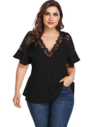 Romwe Women's Plus Size Elegant Short Sleeve Work Office Lace Deep V Neck Flounce Blouse Black 1Xl #TOP3