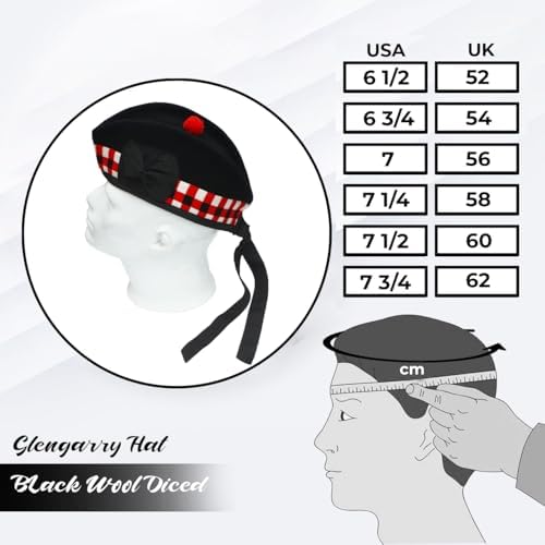 Cappello Scozzese Piper 100% Lana Pura Nero Glengarry Triplo Diced - Foto 8